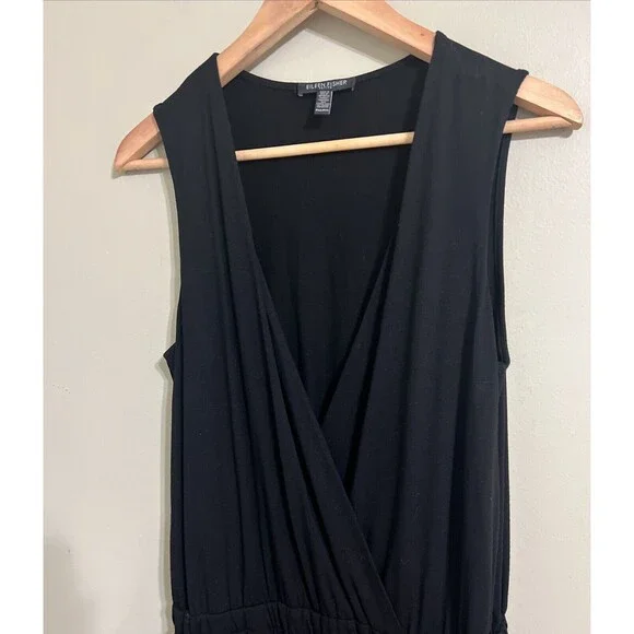 Eileen Fisher Petite Medium V-Neck Ankle Length Jumpsuit Viscose Jersey Black